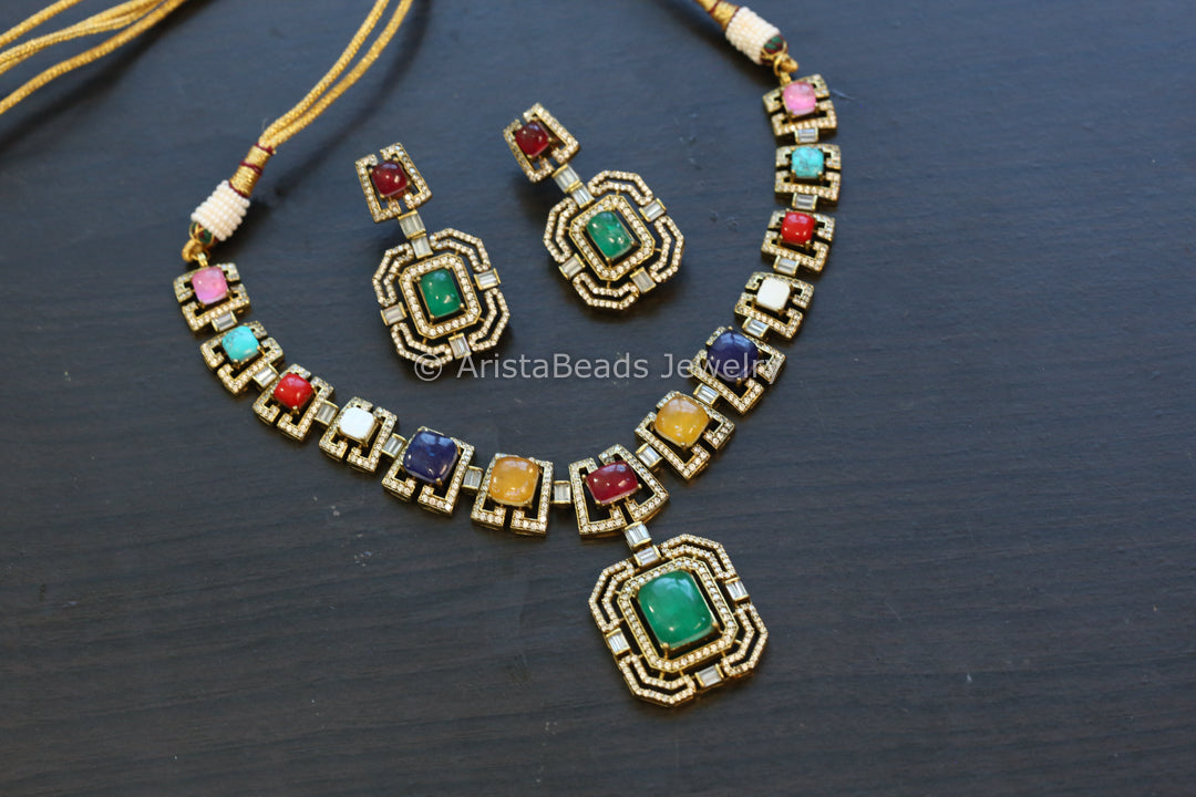 Mehndi Polish Navratan Pota Necklace Set