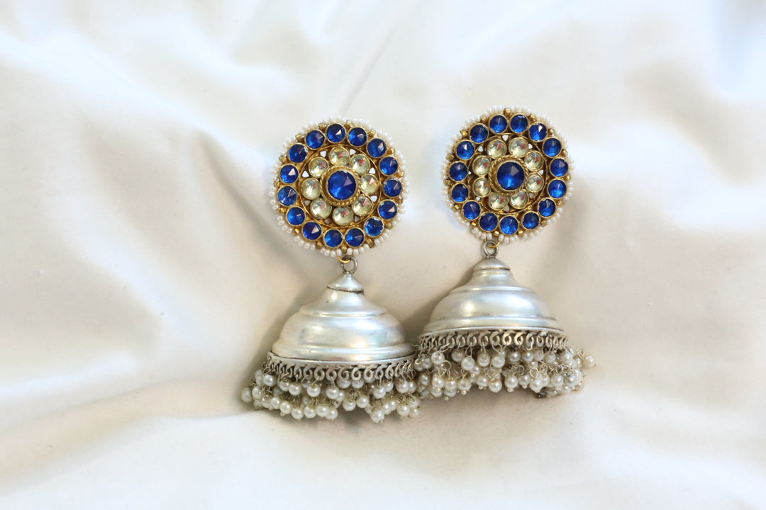 Blue Kundan Silver Look Earrings