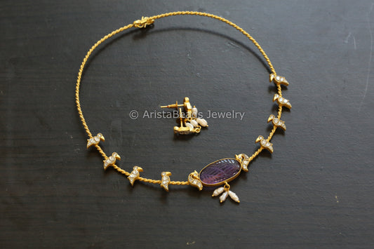 Dainty Amethyst & Clear Kundan Jadau Hasli Necklace