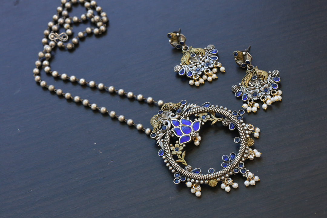 Oxidized Blue Jadau Necklace Set