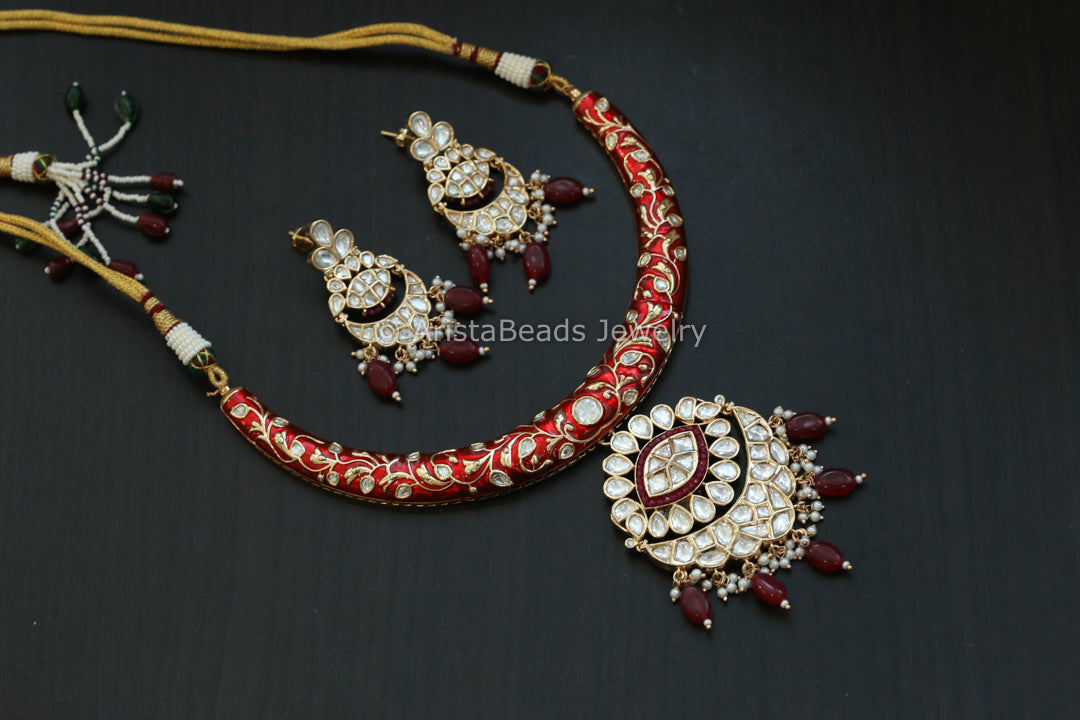 Premium Enamel & Polki Kundan Hasli Set -Red