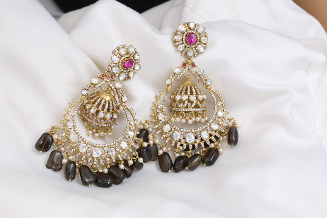 Real Moissanite Jhumka Chandbaali - Smokey Quartz