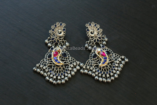 Large Blue Fusion Kundan Earrings
