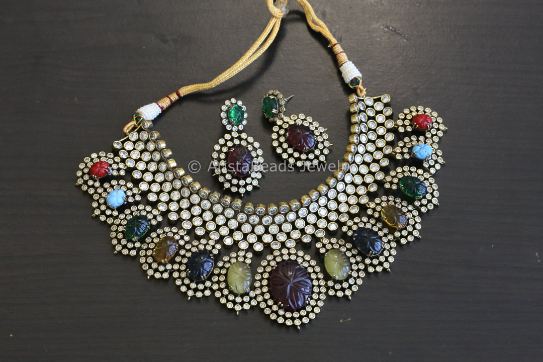 Navratan Carved Stones Choker Set