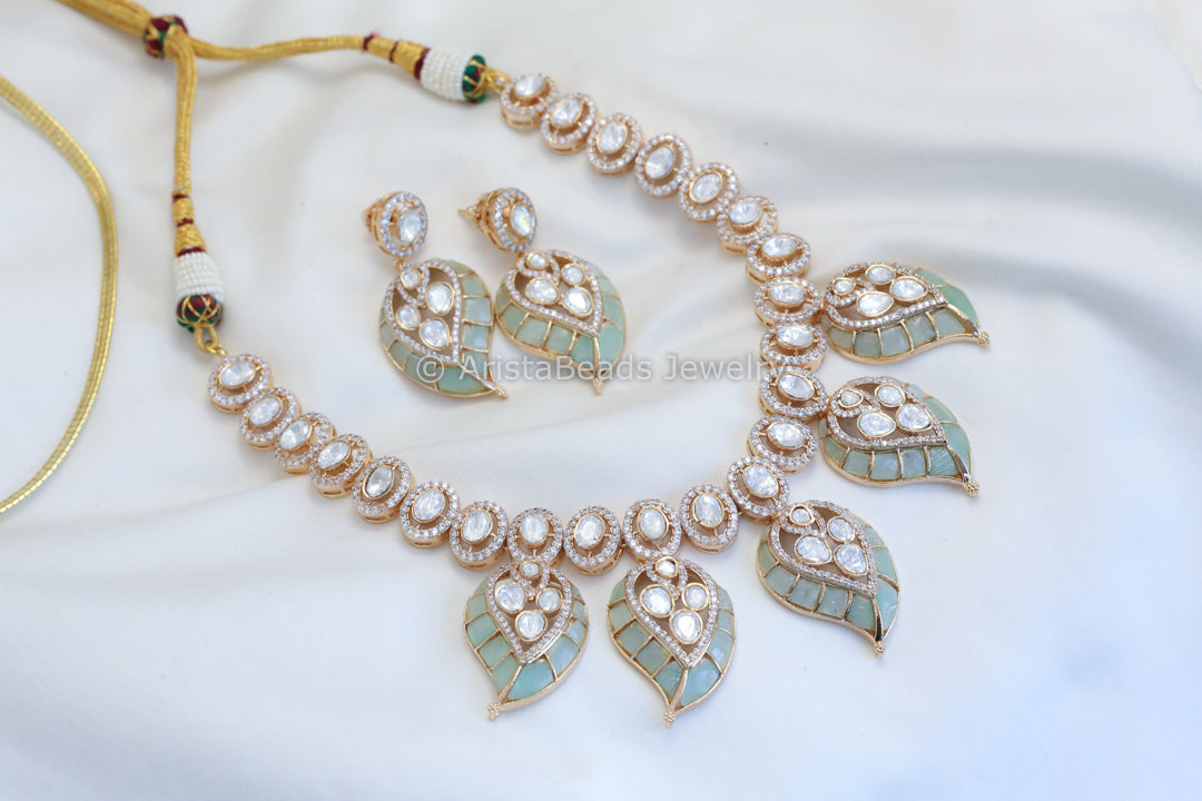 Real Moissanite Polki Necklace Set - Mint
