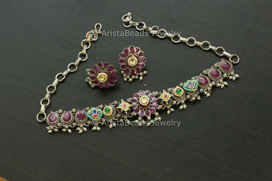 Silver Replica Fusion Kundan Necklace Set - Ruby