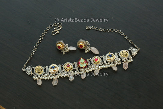 Silver Replica Fusion Kundan Necklace Set - Style 3