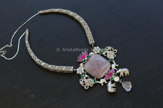 Rose Quartz Jadau Hasli Necklace - Oxidized