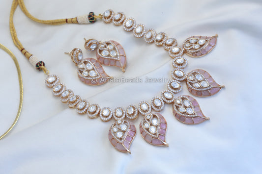 Real Moissanite Polki Necklace Set - Pink