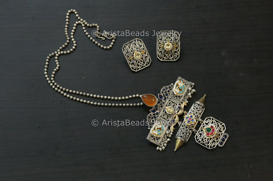 Silver Replica Fusion Kundan Pendant Set