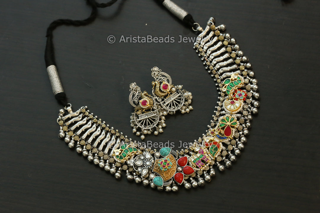 Next To Real Silver Kundan Fusion Necklace Set - Coral Turquoise
