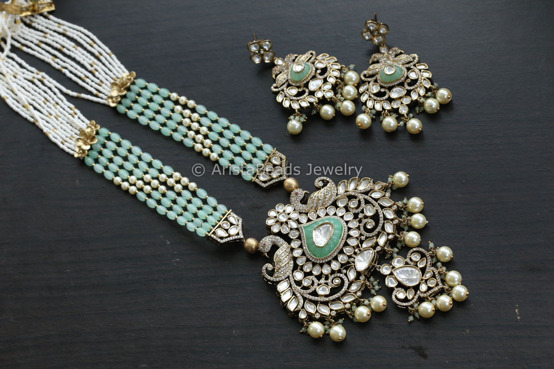 Premium Moissanite Look Polki Kundan Necklace Set - Mint