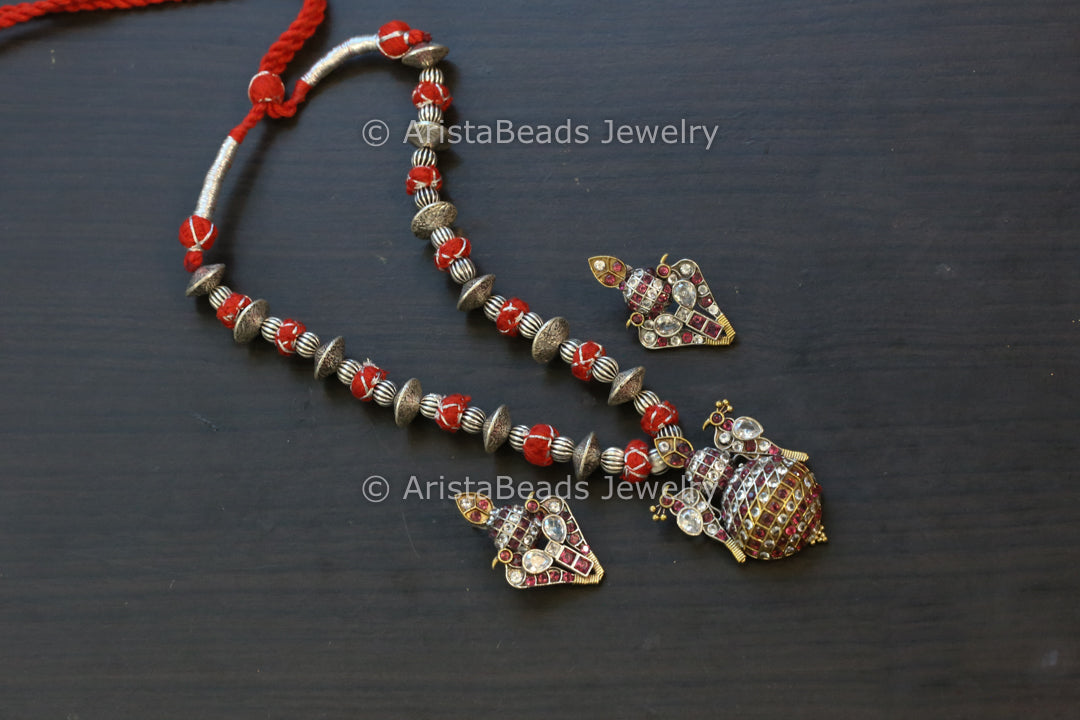Kalash Silver Jadau Look Necklace Set - Red
