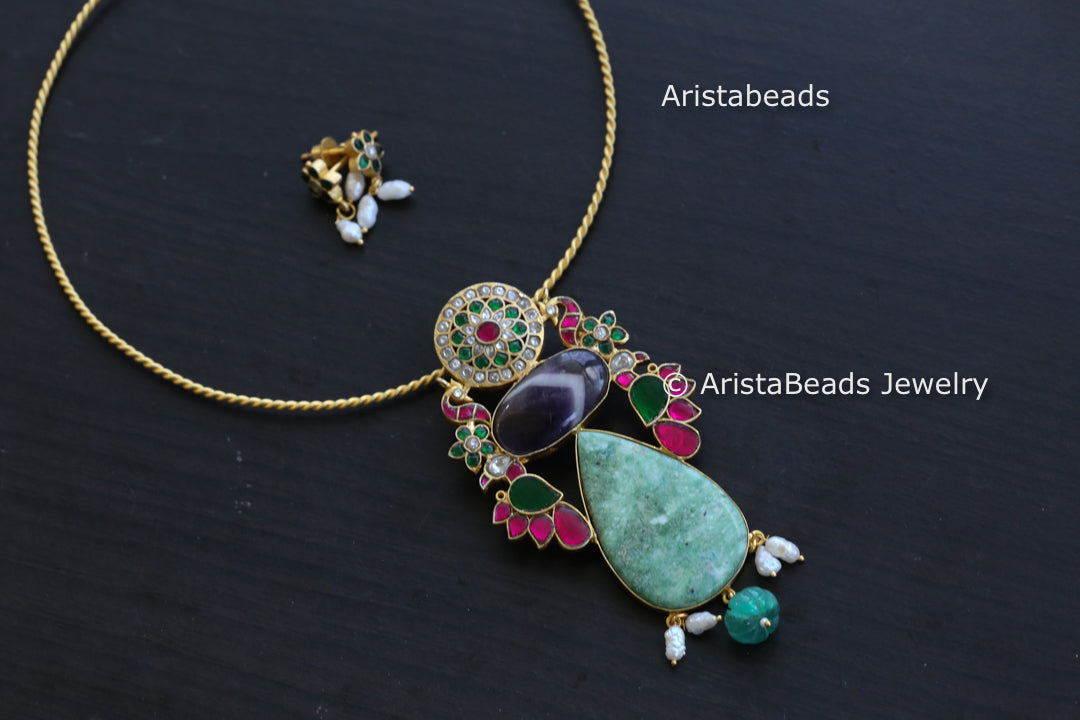 Amethyst & Chrysoprase Jadau Fusion Pendant Set ( Removable Hasli)