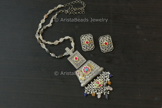 Fusion Kundan Pendant Set - Rutilated Quartz Beads