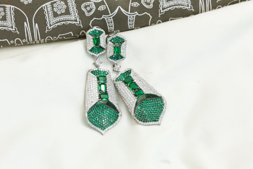 Pave Setting CZ Folded Leaf Earrings - Green