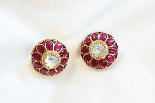 Uncut Moissanite Polki & Jadau Kundan Studs- Ruby