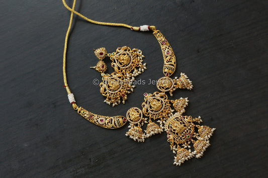 CZ Jhumka Temple Necklace Set