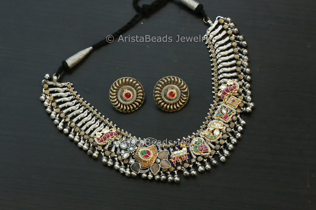 Next To Real Silver Kundan Fusion Necklace Set - Peach Gray