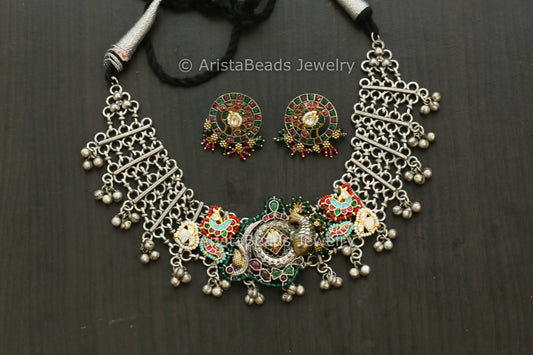 Designer Silver Look Alike Fusion Necklace Set - Color 2