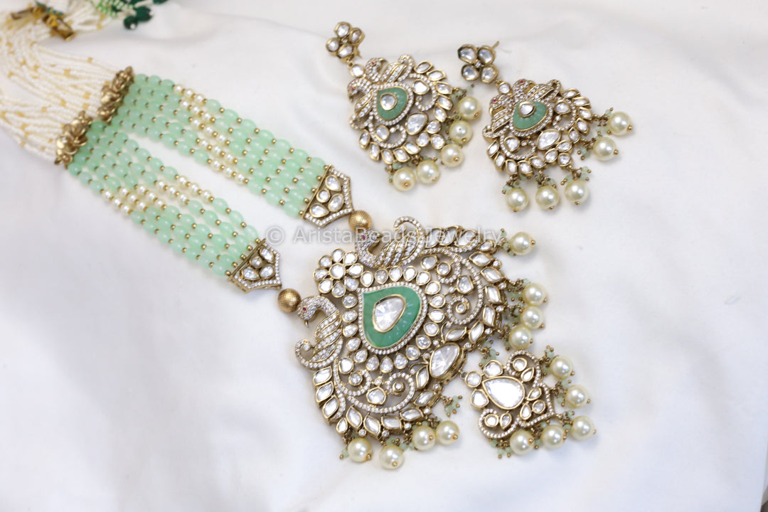 Premium Moissanite Look Polki Kundan Necklace Set - Mint