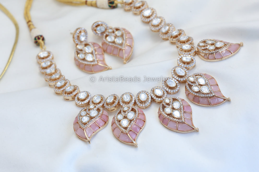 Real Moissanite Polki Necklace Set - Pink