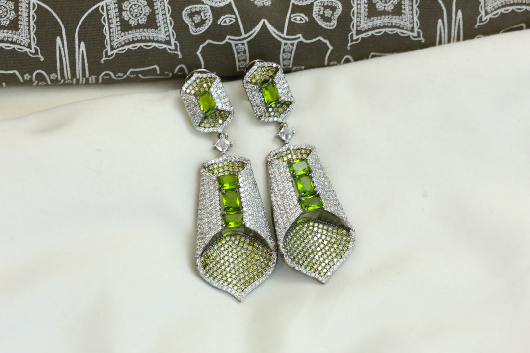Pave Setting CZ Folded Leaf Earrings - Peridot