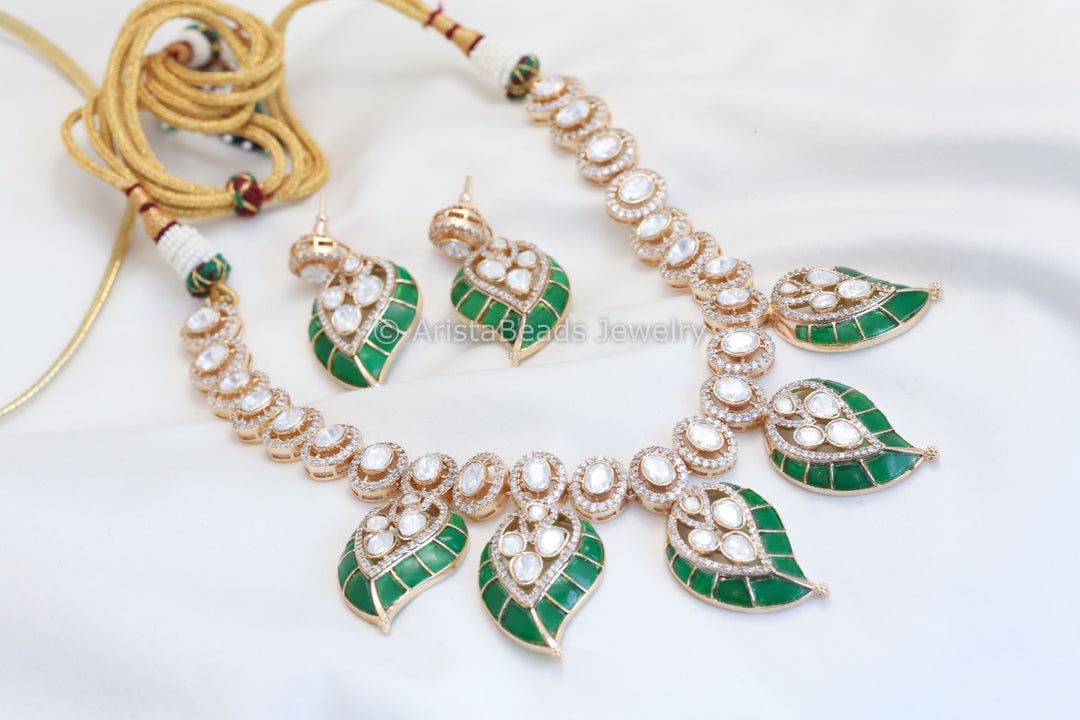 Real Moissanite Polki Necklace Set - Green