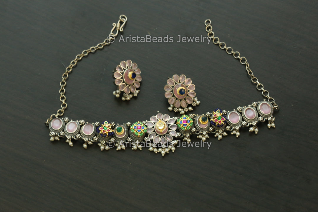 Silver Replica Fusion Kundan Necklace Set - Pink