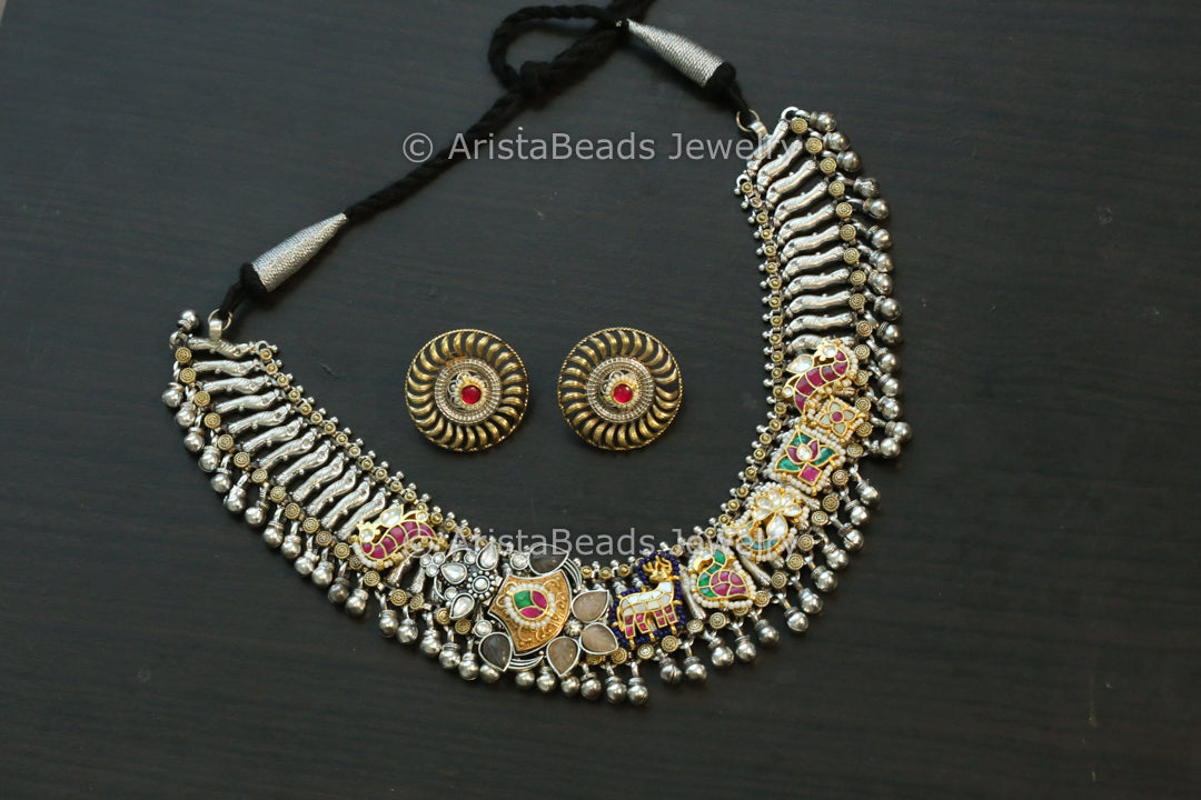 Next To Real Silver Kundan Fusion Necklace Set - Peach Gray