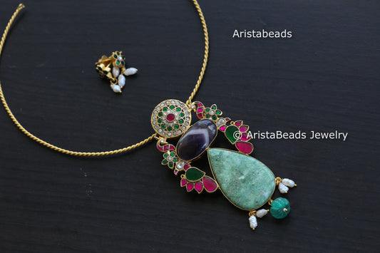 Amethyst & Chrysoprase Jadau Fusion Pendant Set ( Removable Hasli)