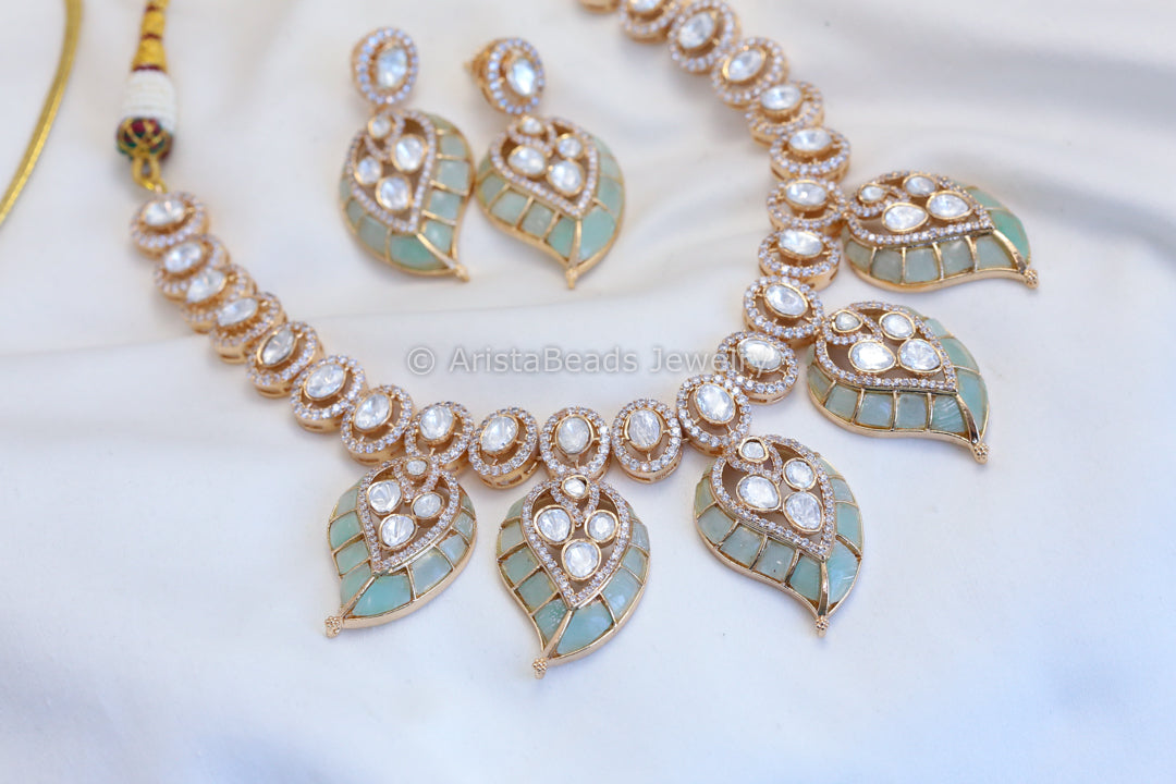 Real Moissanite Polki Necklace Set - Mint