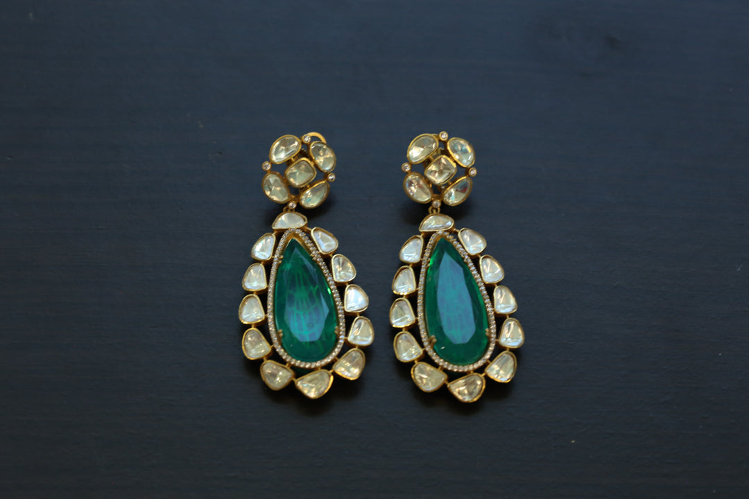 Long Real Moissanite & Green Doublet Earrings