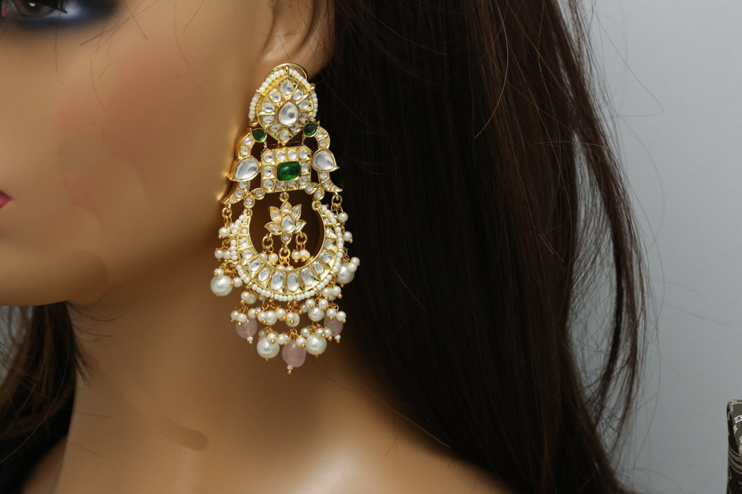 Polki Chandbaali - Rose Quartz Drops