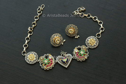 Silver Replica Fusion Kundan Necklace Set - Style 1