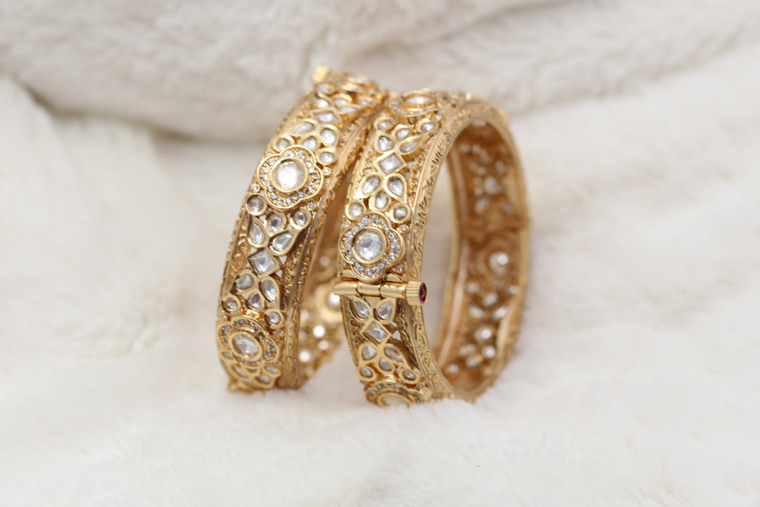Matt Antique Gold Polki Bangle Set - Clear (2.2 & 2.4 Openable)