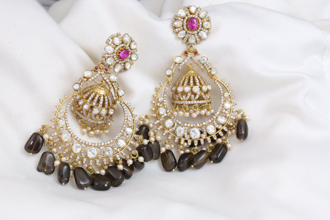 Real Moissanite Jhumka Chandbaali - Smokey Quartz