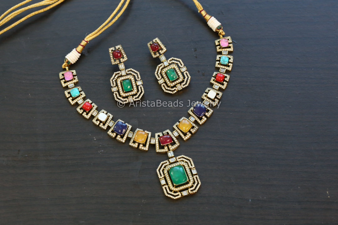 Mehndi Polish Navratan Pota Necklace Set