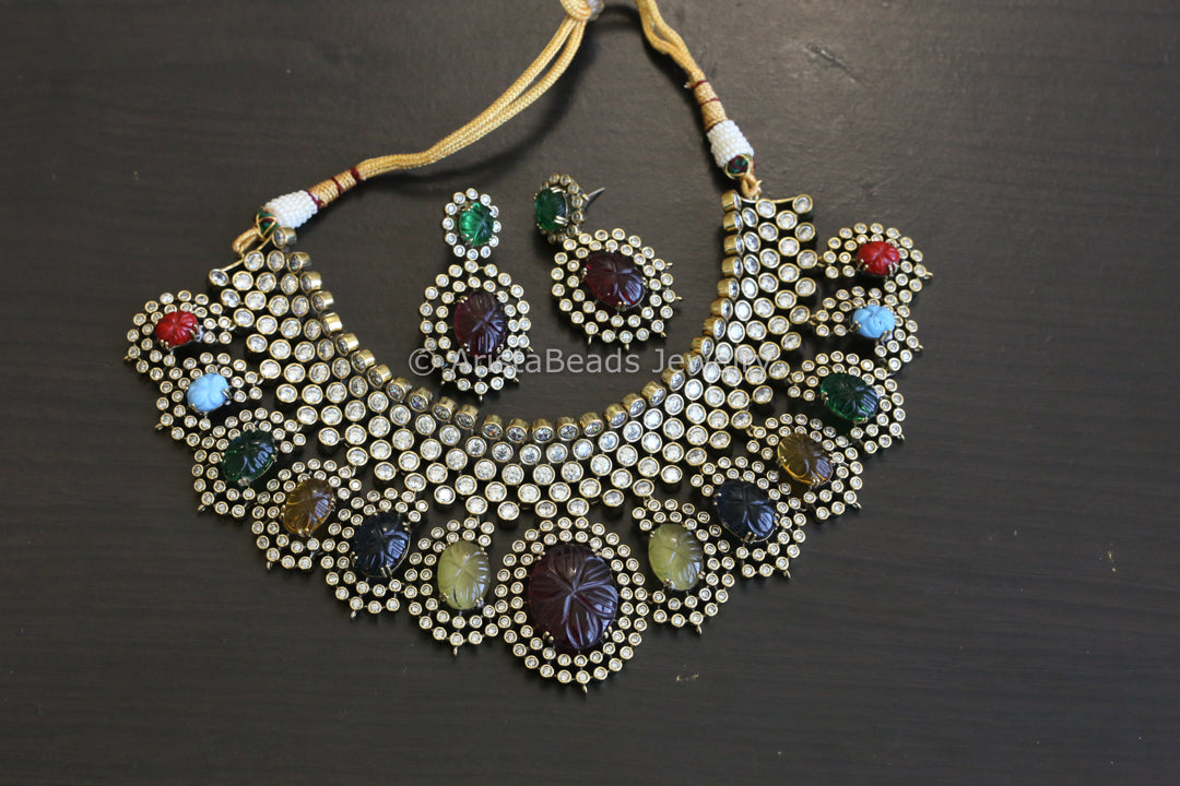 Navratan Carved Stones Choker Set
