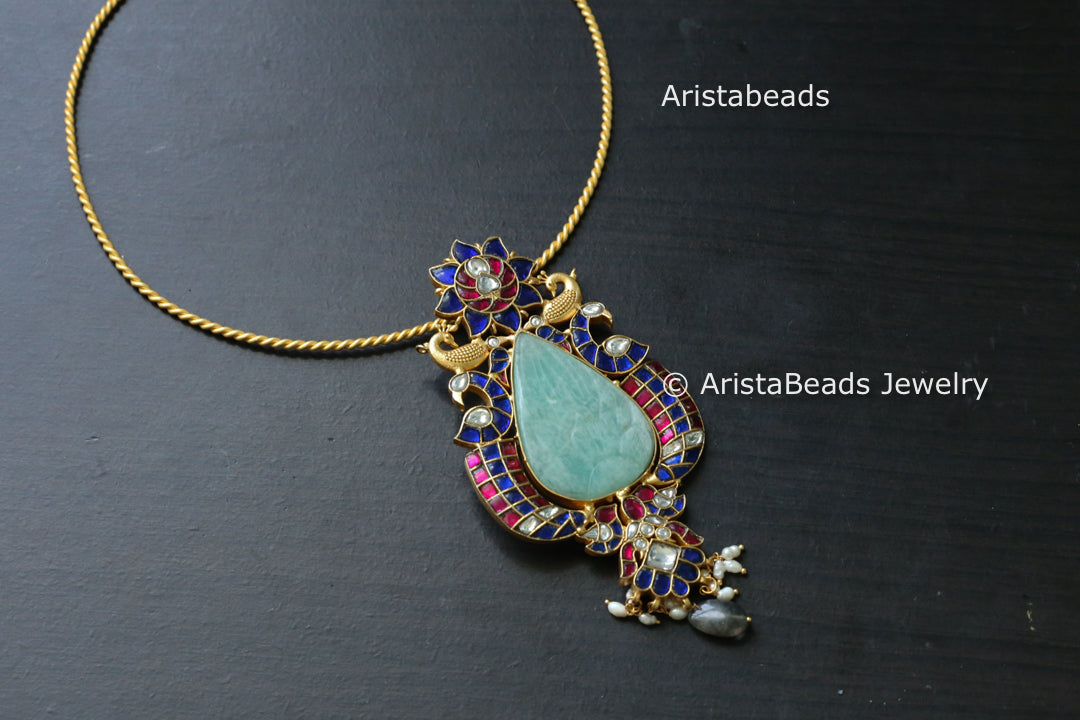 Green Chalcedony Jadau Fusion Pendant (Removable Hasli)