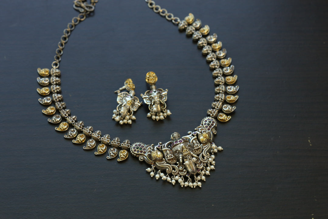 Nakshi Silver Look Alike Temple Necklace - Ruby Green