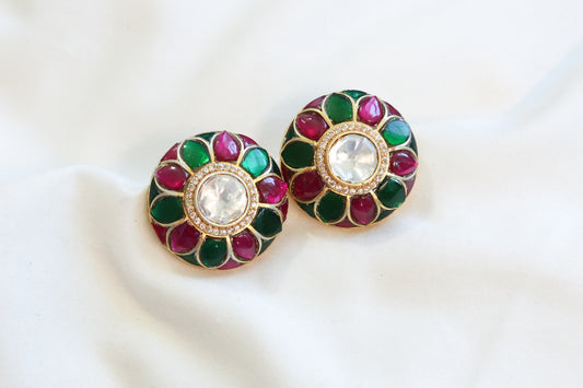 Uncut Moissanite Polki & Jadau Kundan Studs- Ruby Green