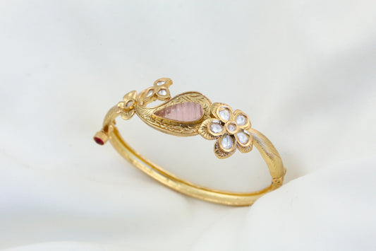Premium Polki Bracelet - Pink Carved Stone (Openable)