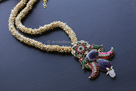 Amethyst Kundan Fusion Necklace In Gajra Chain