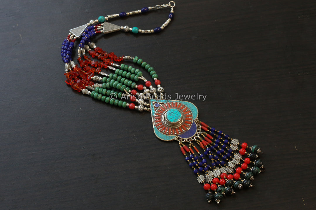 Real Tibetan Necklace With Semiprecious Stones - Design 5