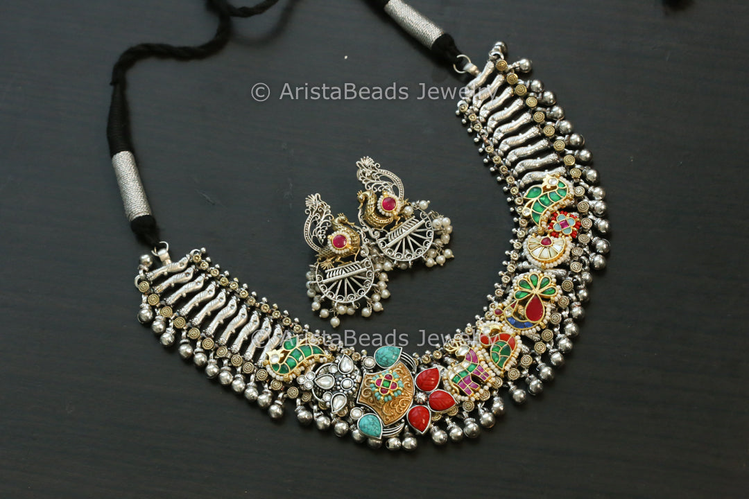 Next To Real Silver Kundan Fusion Necklace Set - Coral Turquoise