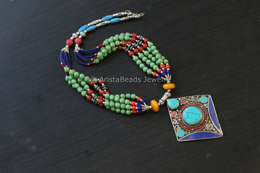 Real Tibetan Necklace With Semiprecious Stones - Design 8