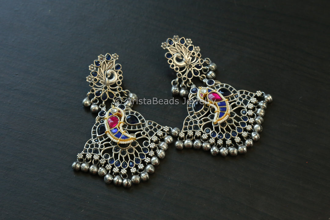 Large Blue Fusion Kundan Earrings