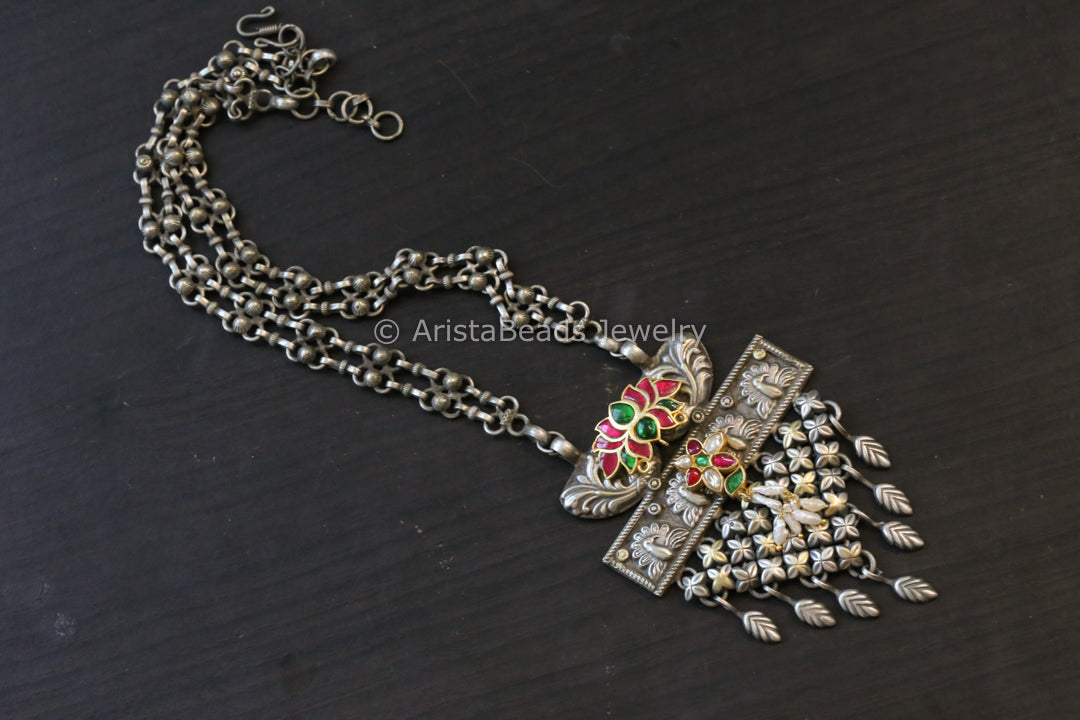 Silver Look Kundan Fusion Necklace - Style 6