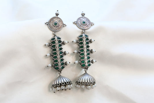 Green Silver Finish Brass Jhumka
